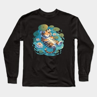 Kawaii Anime Tiger Bath With Water Lily Long Sleeve T-Shirt